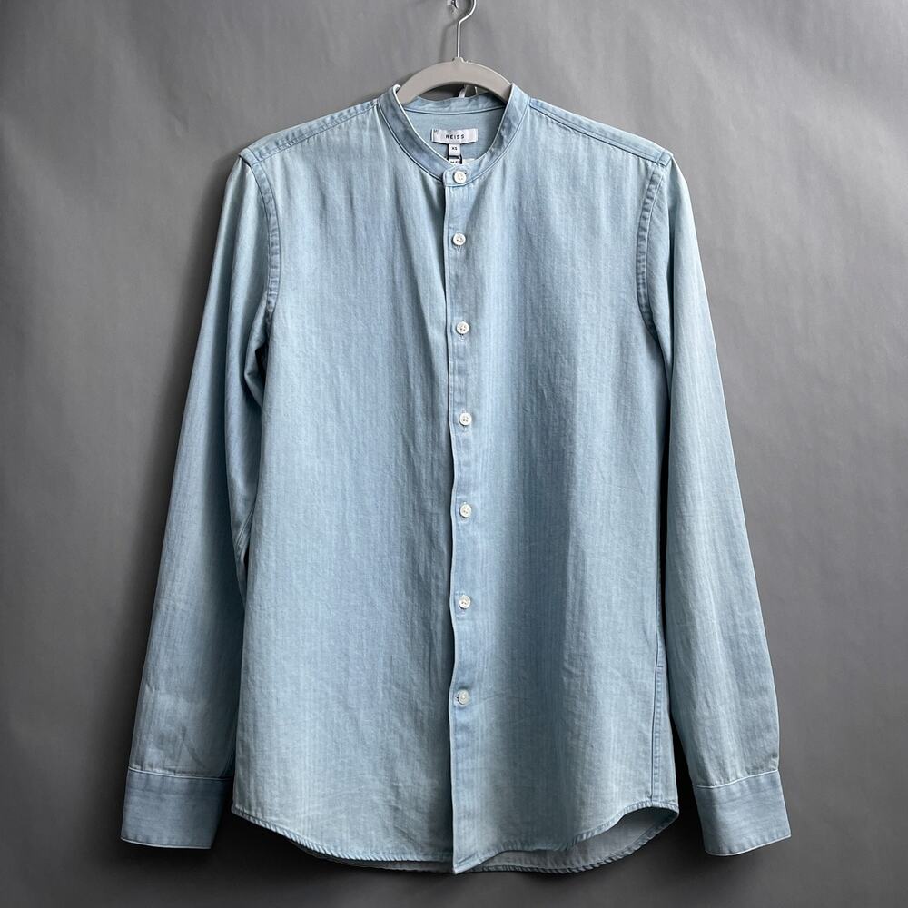 Reiss Shirt Men XS Maine Long Sleeve Button Up Slim Acid Wash Grandad Collar NWT
